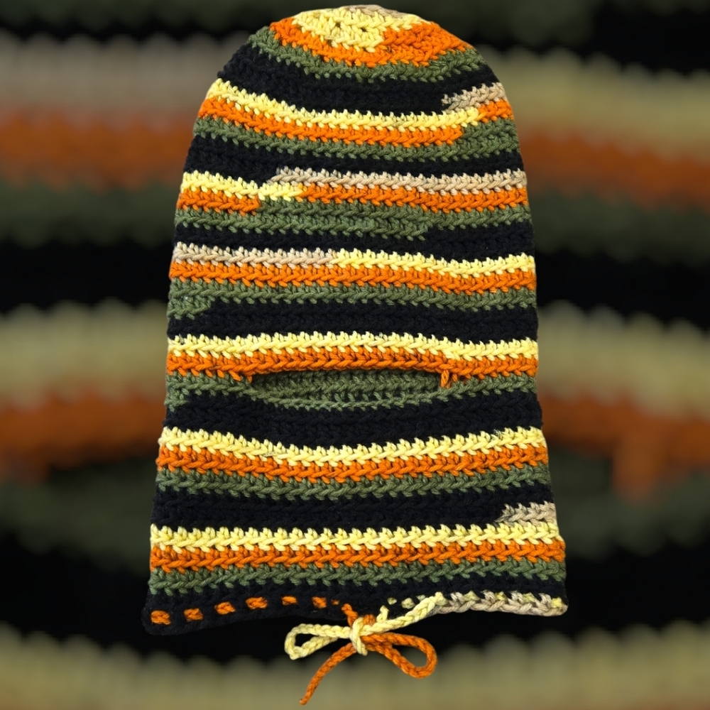 Xtra Long Slouchy Balaclava w/Neck Tie Crochet, Knit-look 90s Beanie, Handmade